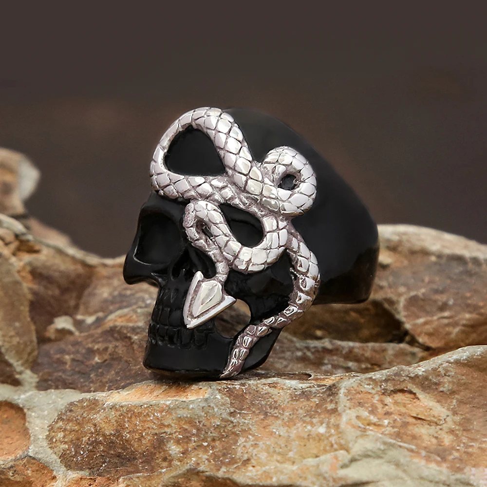 

New Unique Stainless Steel Black Skull Rings For Men Punk Hip Hop Gothic Snake Ring Vintage Fashion Jewelry Gifts Dropshipping