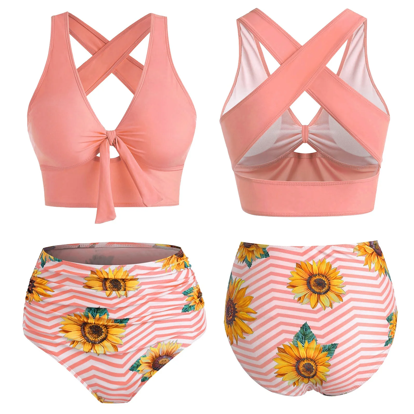 

High Waisted Sunflowers Tankini Swimwears Women Summer Swimming Beachwear Plunging Neck Criss-Cross Padded Bathing Suits L-XXL