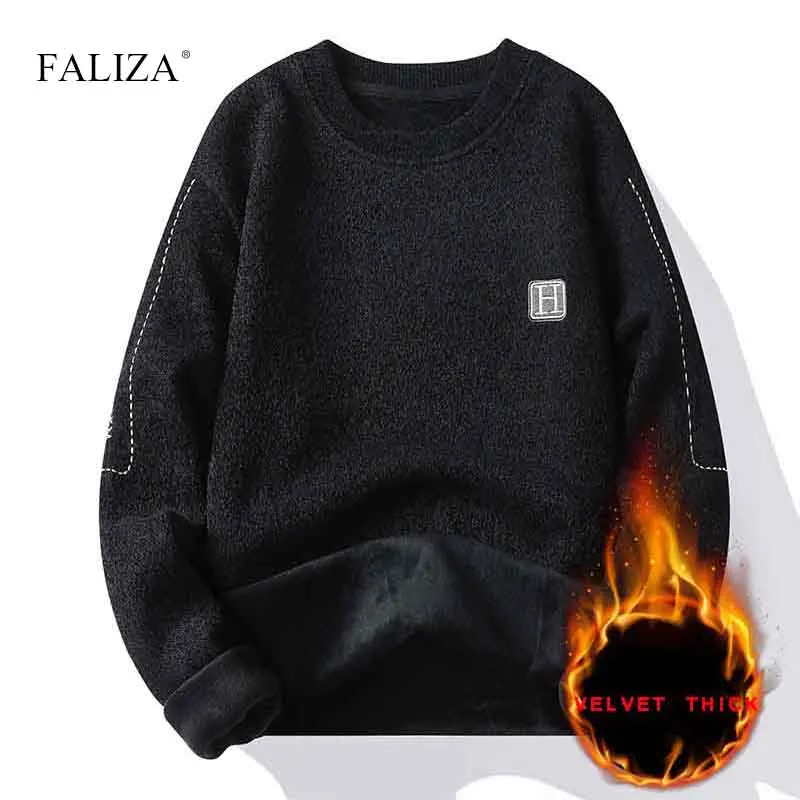 

FALIZA New Winter Thick Warm Mens Pullovers Sweaters High Quality Comfortable Padded Knit Sweater Jumper Trendy Mens Clothes