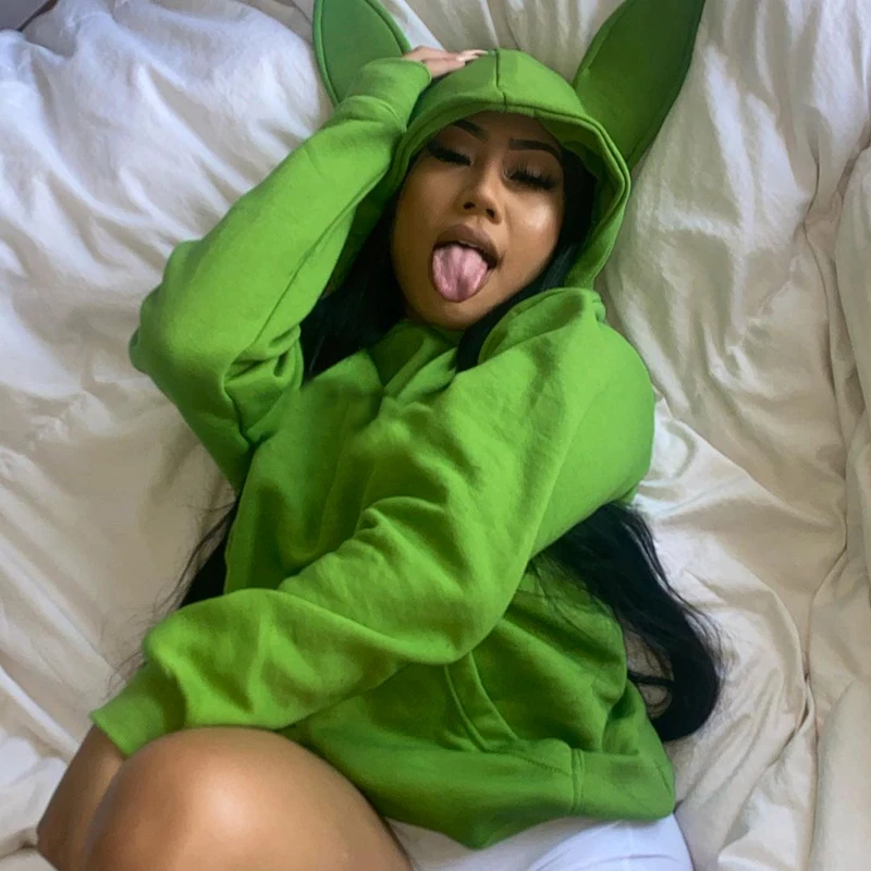 

Rabbit Ear Hooded Solid Crop Tops Sweatshirts 2021 Xmas Women Winter Autumn Outfit Kawaii Cute Fashion Elegant Y2K Tops Hoodies