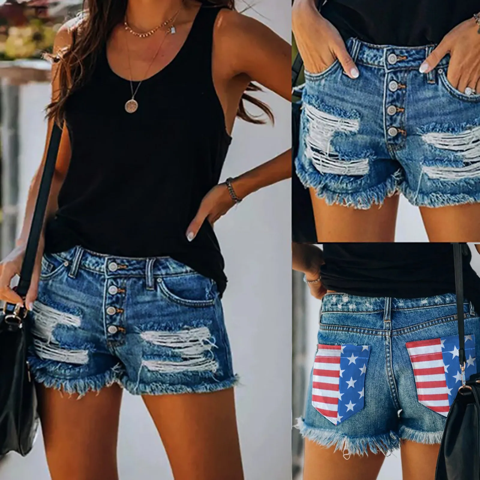 

Women Fashion Sexy Stretch Flag Print Four Button Pocket Denim Shorts Fashionable Super Comfy High Quality Short Jeans In Stock