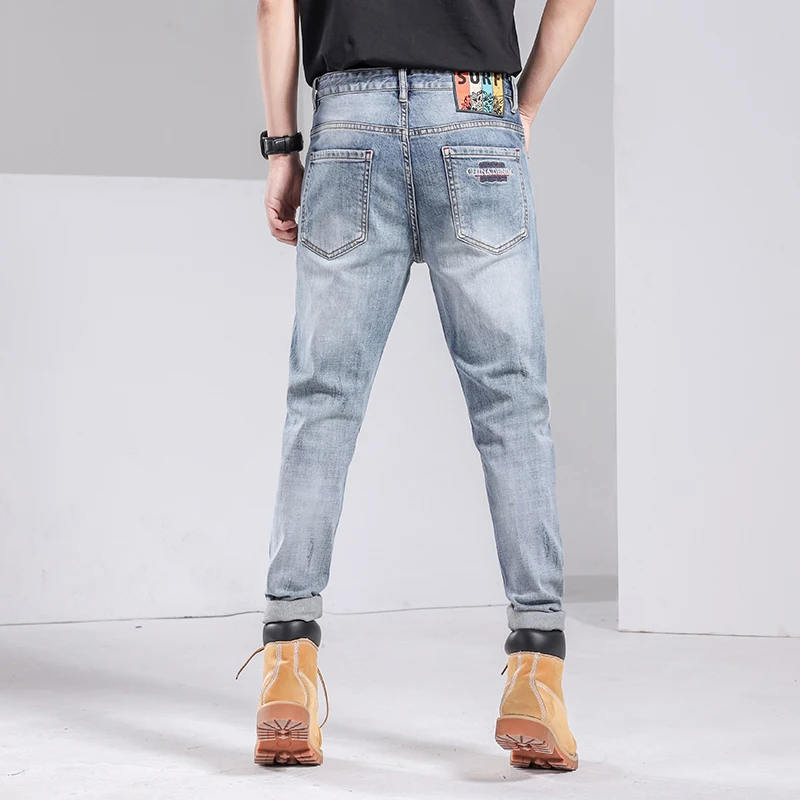 Spring Summer Light Weight Ripped Straight Fashion Street Jeans Men's Casual Stretch Denim Pants Male Mid-waist Trousers