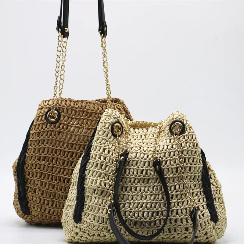 Bohemian Knitting Beach Bags for Women 2022 Hollow Woven Bag Women Straw Bags Designer Chains Rattan Shoulder Bag Bali Tote New