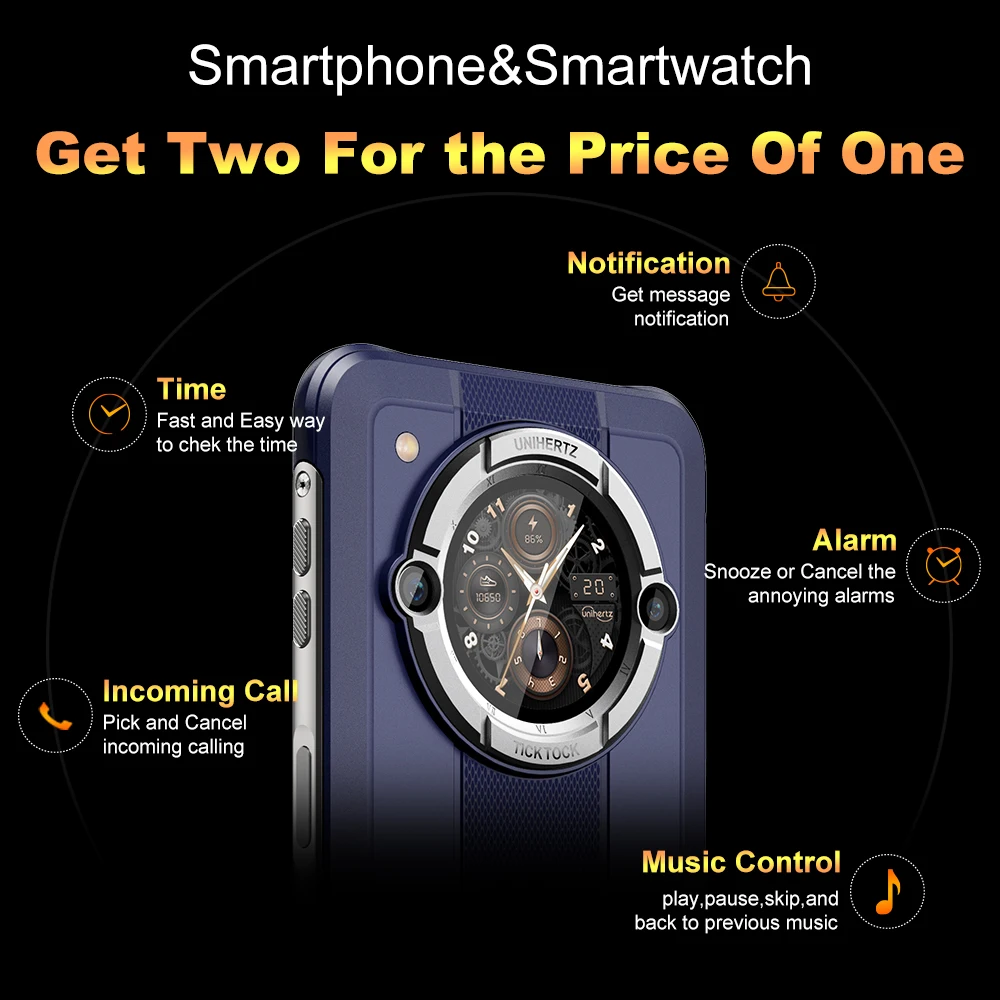 Unihertz Tick Tock E Android 12 Cellphones Octa Core MTK6765 Smartphone 6.5 Inch 4GB 64GB Mobile Phone Smart Rear Display 6000mA