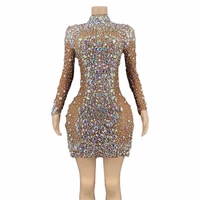 brown shining crystal sparkly rhinestones long sleeves high neck women sheath dress party club clothing prom stage costumes