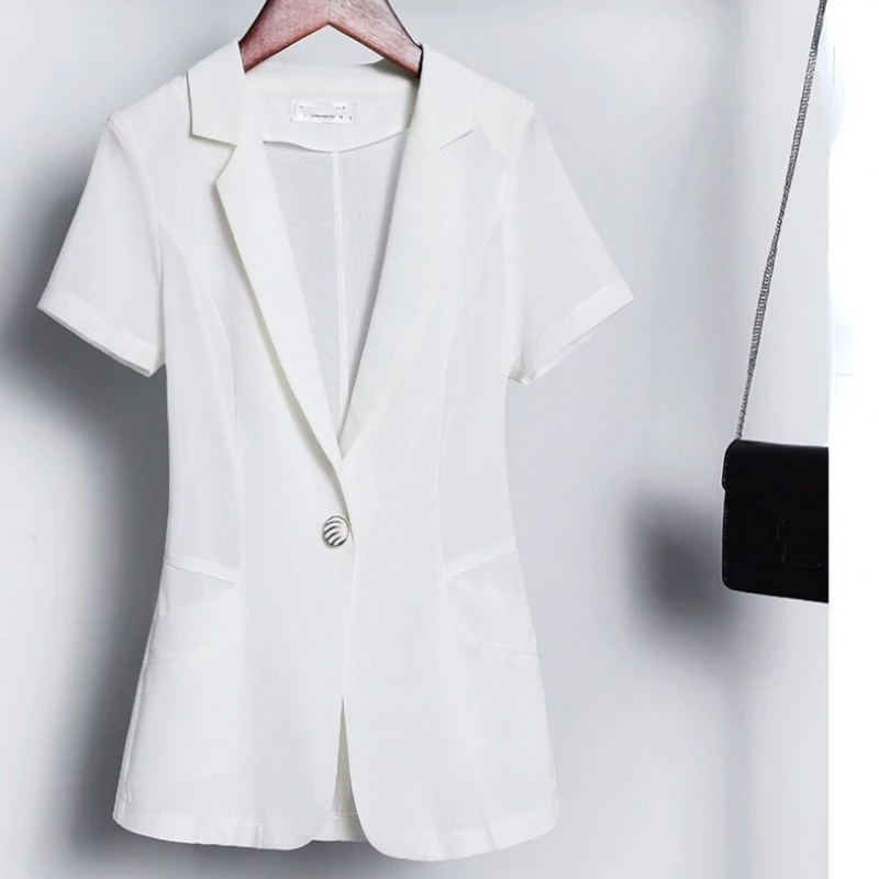 Фото Женский костюм с коротким рукавом, черный и белый пиджак, Офисная Тонкая блузка, корейская мода, пальто, шаль, новинка на лето №2