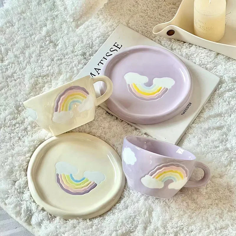 

Ceramic Rainbow Coffee Cup and Dish 3D Sculpture Cute Girl Milk Cup Breakfast Cup Household Drinking Set
