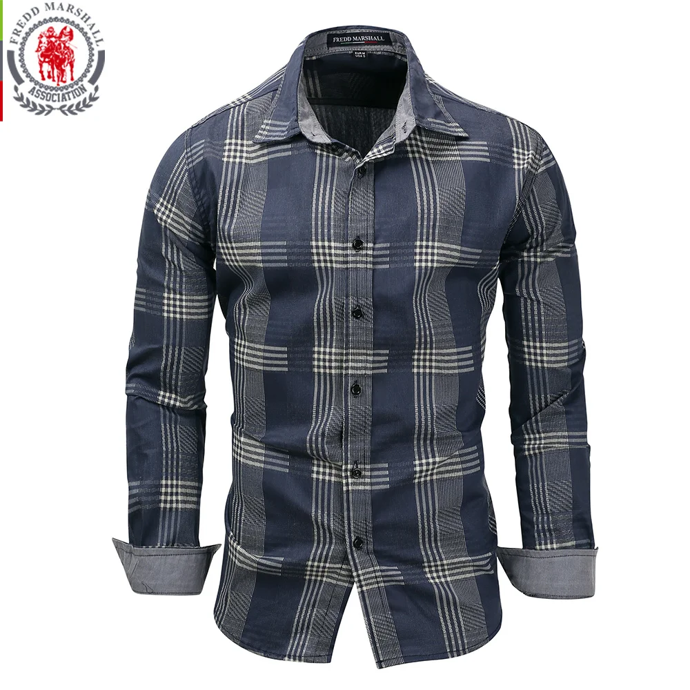 

Fredd Marshall 2021 Men Long Sleeve Patchwork Plaid Denim Dress Shirt 100% Cotton Male Business Social Shirts Brand Men Clothing