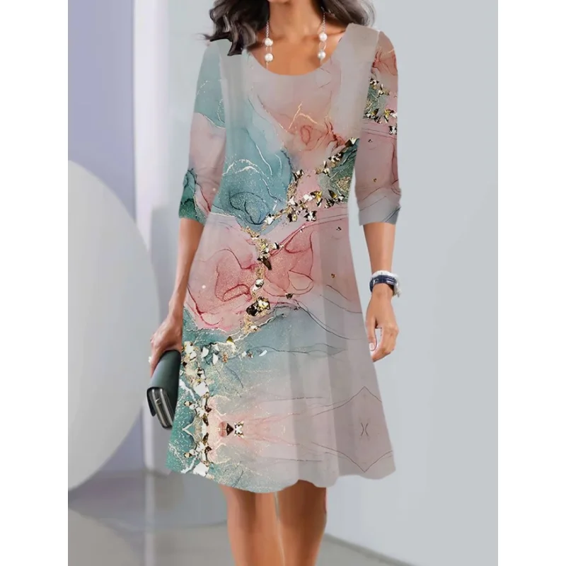 

Женское платье, Новинка осени 2023, Элегантное повседневное платье в богемном стиле с принтом, круглым вырезом и длинным рукавом, свободное платье средней длины с поясом для дам