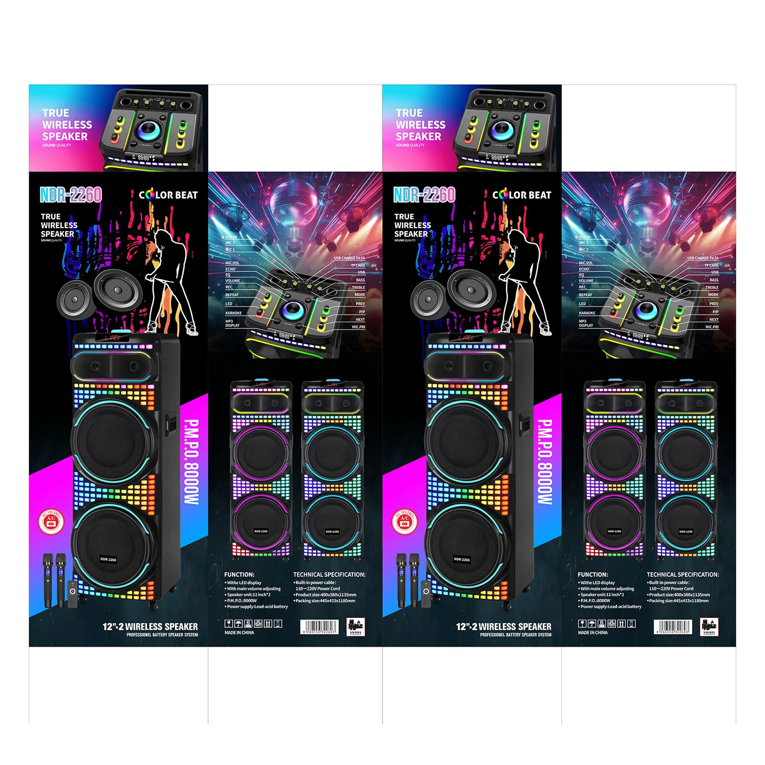 Фото 12-дюймовый двойной динамик для Bluetooth, цветная RGB подсветка, беспроводной микрофон, портативный динамик с слотом для танцевальной карты, RGB №5