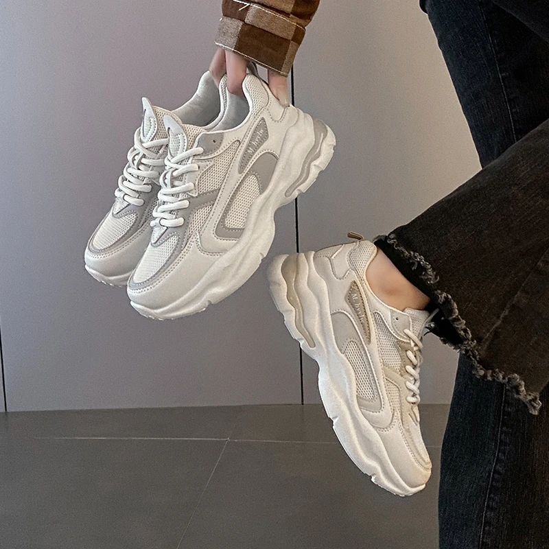 

Кроссовки женские на шнуровке, на платформе, Вулканизированная подошва, дышащие, повседневная спортивная обувь, осень 2023