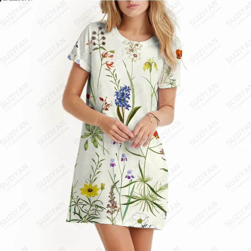 

FashionSummer Women's Butterfly Fragmented Flowers 3D Printed Beach Skirt Women's Round Neck Commuting Short Sleeve A-line Skirt