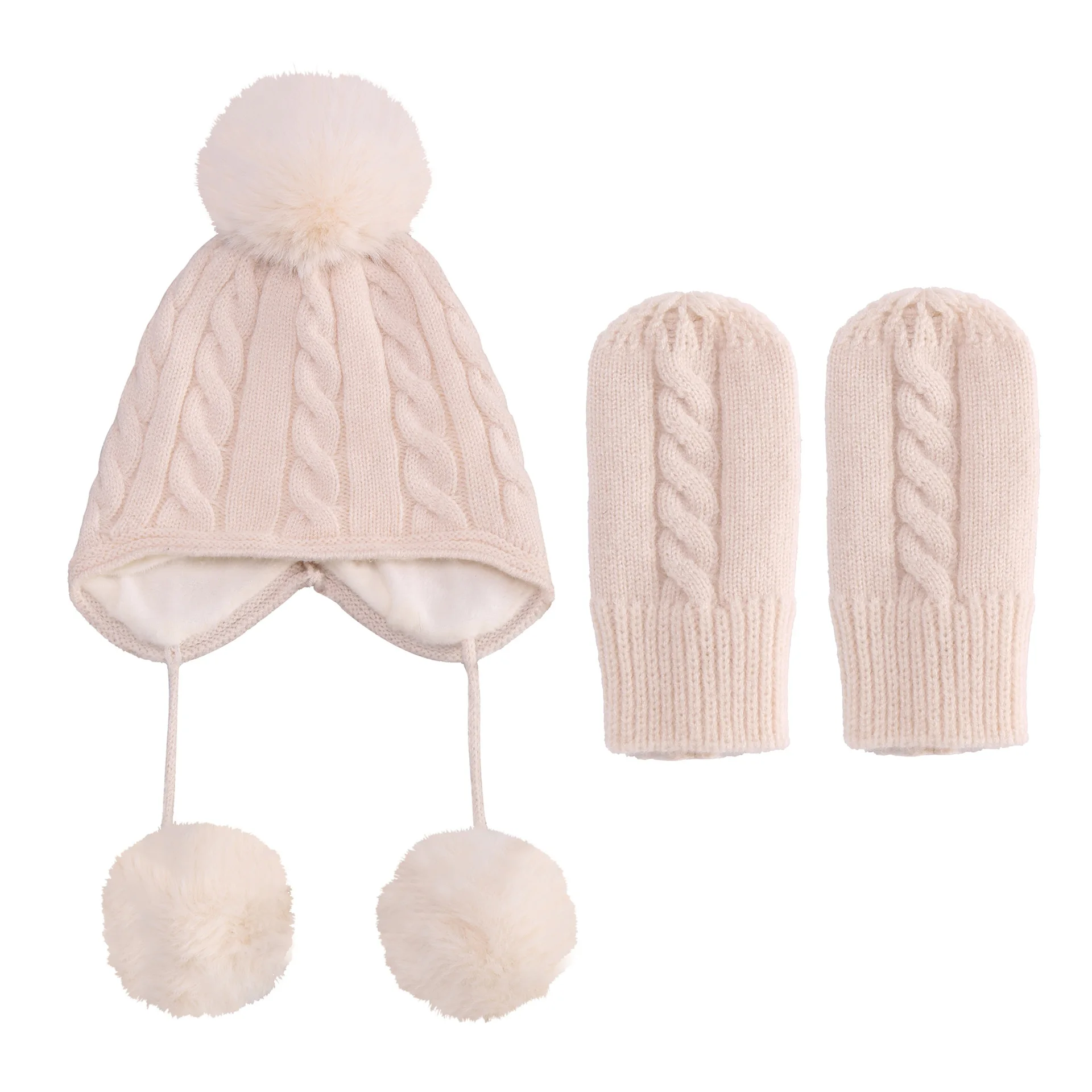 Cute Knitted Pompom Hat and Glove Sets For Kids Thick Warm Girl/Boy Hat Gloves Beanie Winter Ear Warm Kids Hat Baby Bonnet Muts enlarge