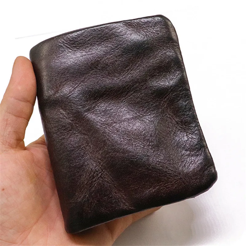 Simple vintage genuine leather men's women's short wallet casual luxury pleated first layer cowhide ID card holder coin purse