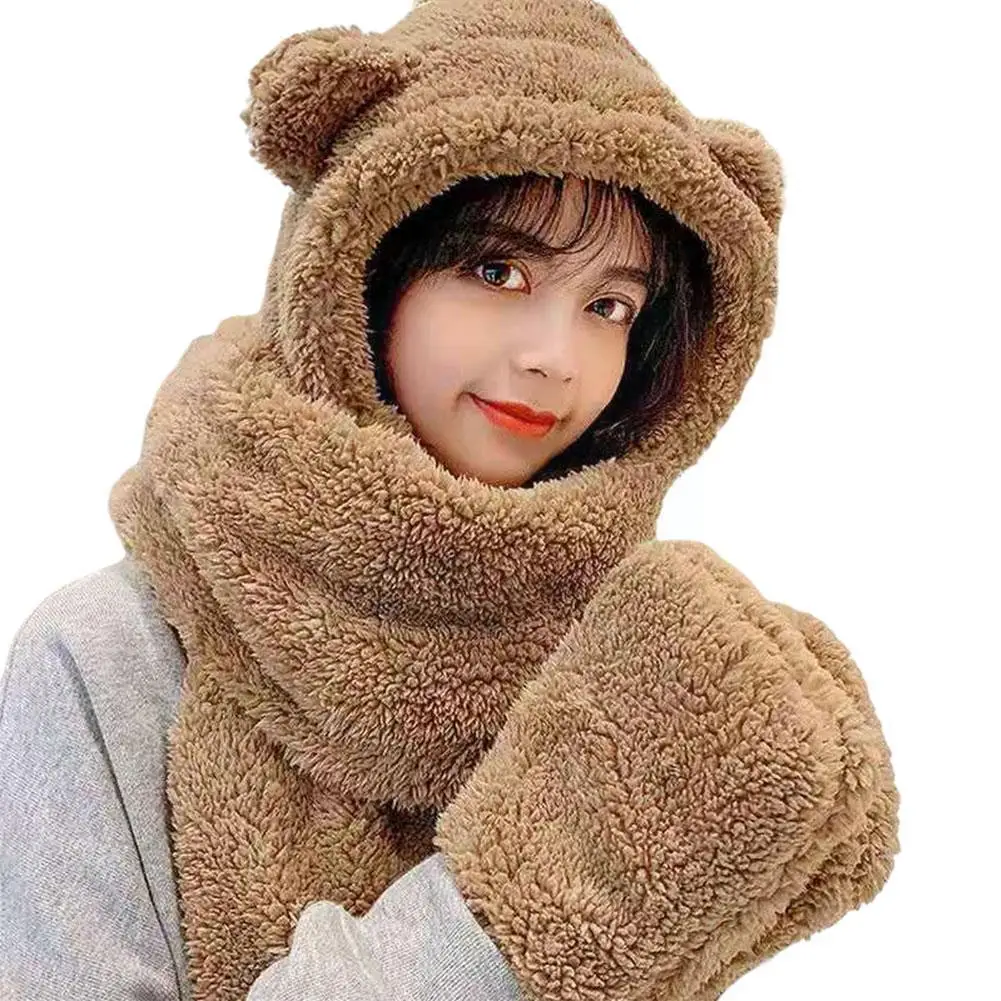 

Cute Bear Ear Hat Scarf Gloves Set Casual Fleece Girl Plush Accessories Winter Caps Women Novelty Hats Warm Kawaii Casual E4n2