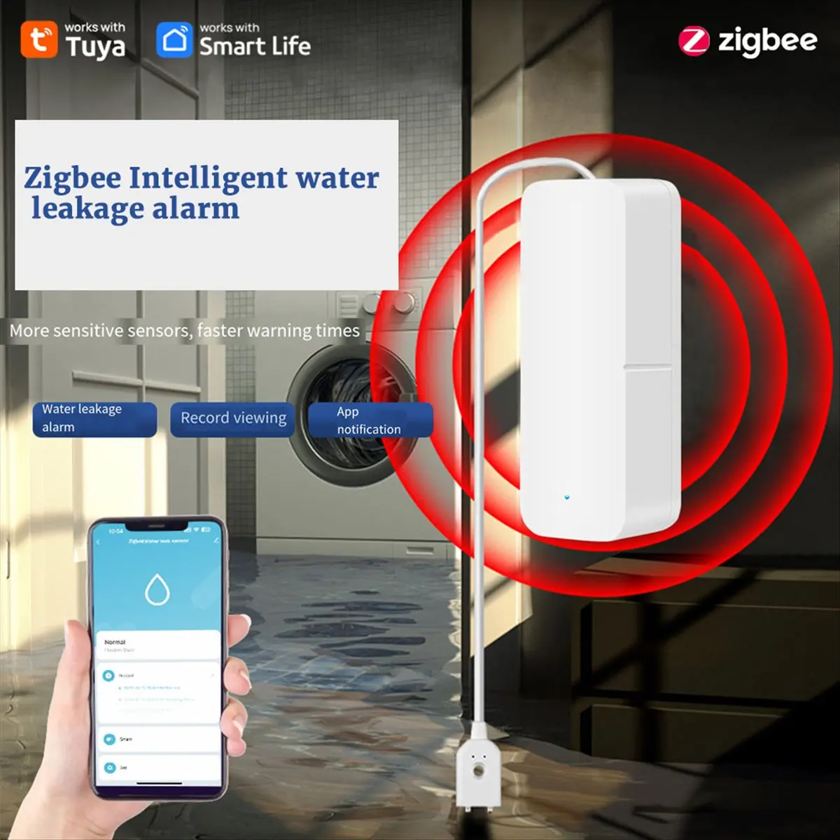 Фото Датчик уровня воды A40I Tuya ZigBee, сигнализация об утечке воды, детектор затопления, домашняя сигнализация о переполнении воды, система безопасности. №3