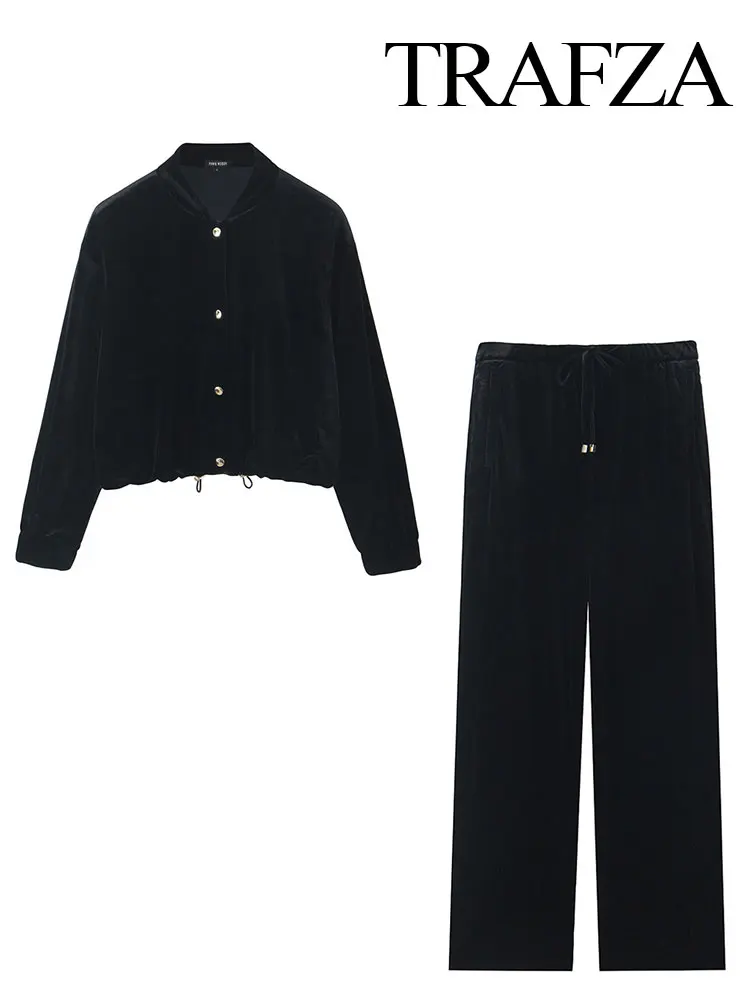 TRAFZA 2024 осенний женский модный бархатный комплект брюк короткое пальто с длинными