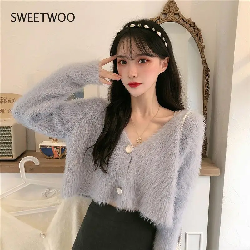 

Woman Cardigan Ins Spring Autumn New Loose Solid Simple Single Breast Long Sleeves Versatile Female Short Knitting Top Tide 2022