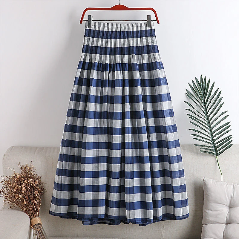 

2022 Summer New Arts Style Women Elastic High Waist Striped A-line Long Skirt All-matched Casual Organza Swing Skirts C109