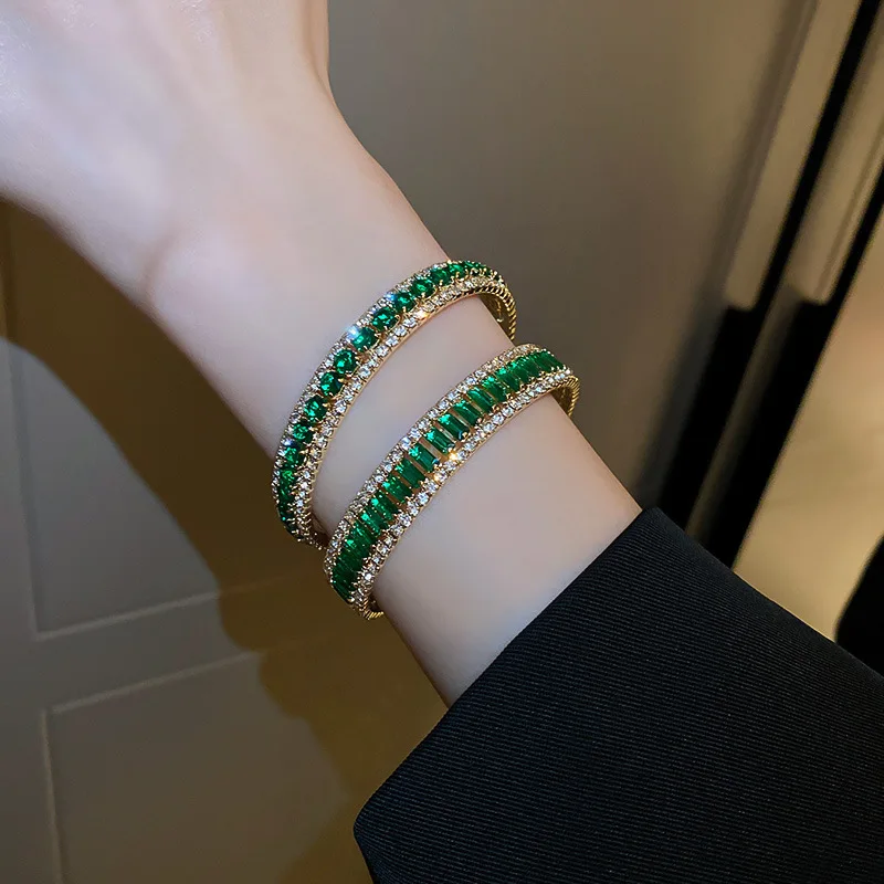 

DREJEW Green Rhinestone Bracelet Women's Fashion Sparkly Hyperbole Crystal Opening Bracelets & Bangles Wristband Jewelry Gifts