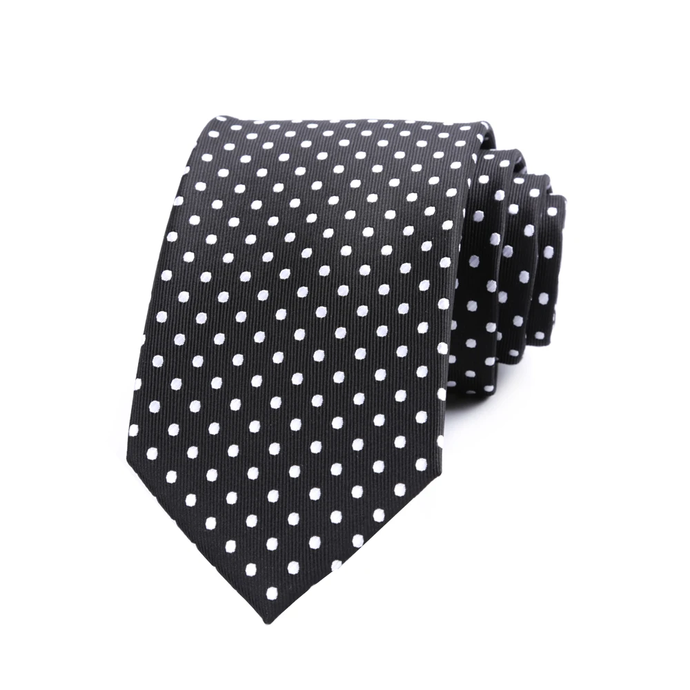 

New 7CM Mens Necktie Black W/ White Polka Dots Ascot Ties For Man Wedding Polyester Silk Cravat Business Party Corbatas Para