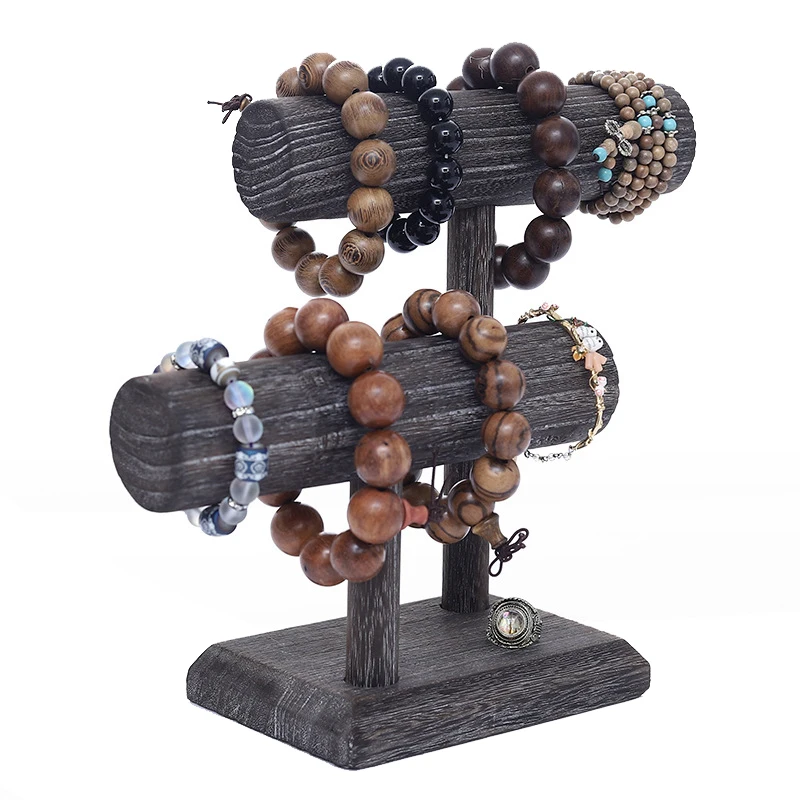 Distressed Vintage Bracelets Watches Head Rope Hair Tie Storage Rack, Light Wooden Jewelry Display For Exhibition