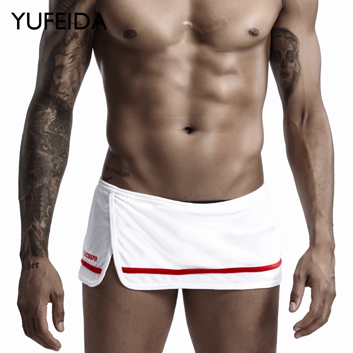 YUFEIDA Men's Sweat Pants Shorts Skirt Summer Fashion Solid Color Striped Slit Towel Shorts Mens Low Waist Personalized Homewear