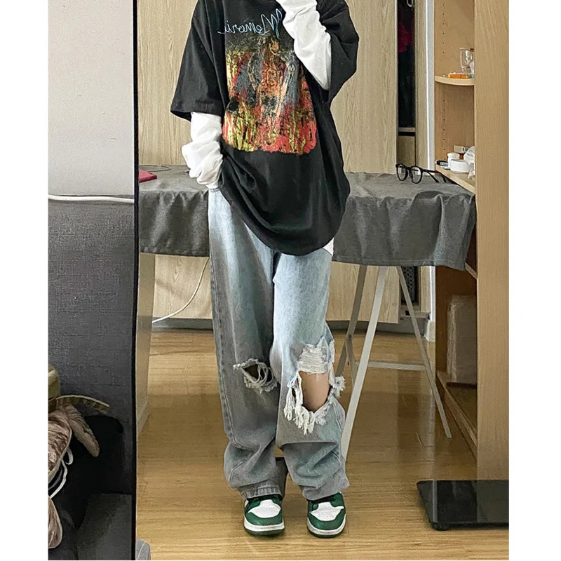 Summer Blue Ripped Jeans Men Fashion Casual Wide Leg Jeans Men Streetwear Loose Hip Hop Straight Hole Denim Pants Mens Trousers