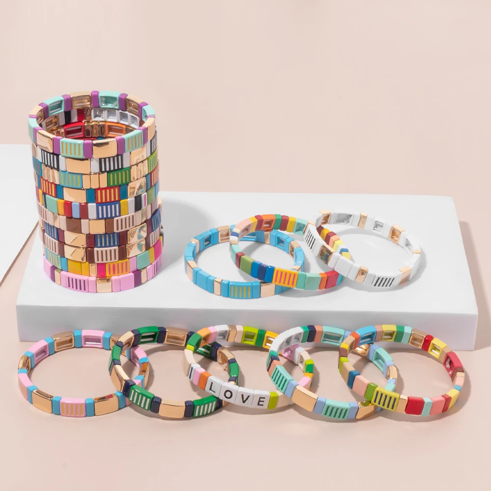 

BEUTIFOR Rainbow Tile Bracelet Colorblock Bracelets Enamel Beads Trendy Stretch Bracelets Boho Jewelry For Women Pulseras Mujer