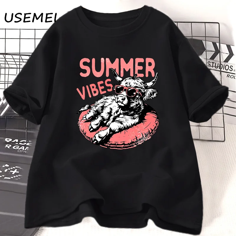 Летняя футболка Vibes дизайнерские футболки Highland Cow забавная Пляжная в стиле ретро
