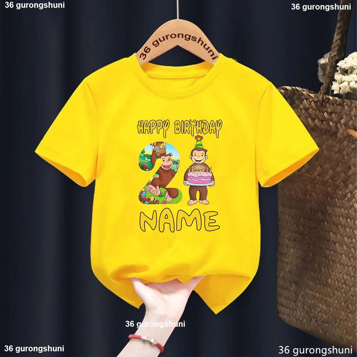 Фото Curious George Cute Monkey Print Одежда для мальчиков с героями мультфильмов 1, 2, 3, 4, 5, 6, 7, 8 9 лет Детская футболка с номером на день рождения Футболки для маленьких девочек №1