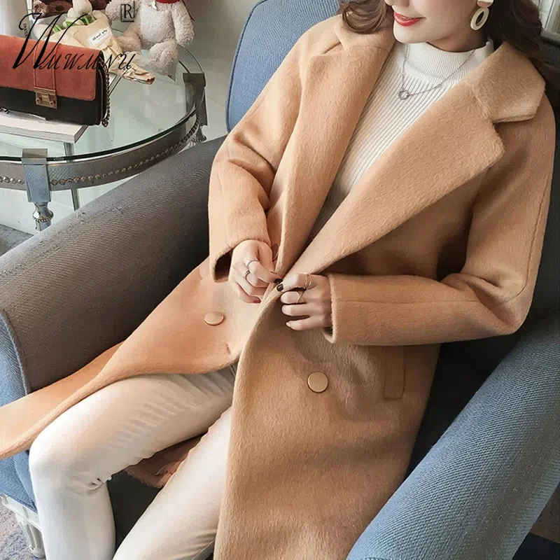 

Mid Length Khaki Wool & Blends Coat Elegant Thicken Winter Jacket Women Oversize 3xl Korean Double Breasted Woolen Down Overcoat