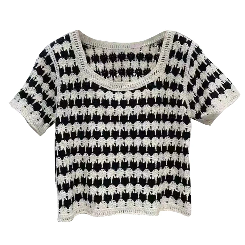 

Crochet Knit Wave Striped Sweater Shirt Women Loose Short Sleeve Jumper Crop Top