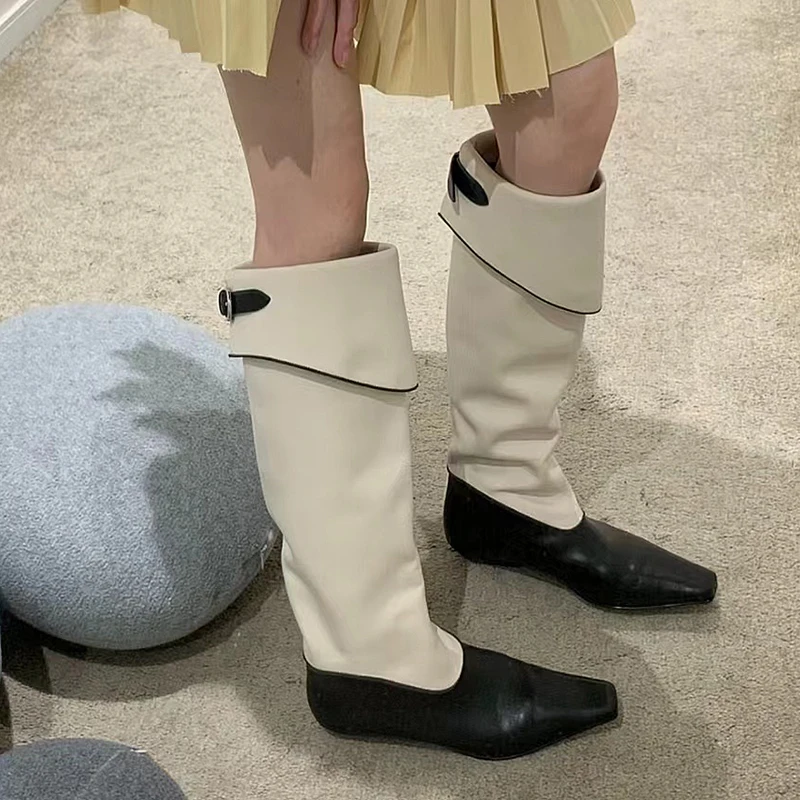 

Женские сапоги до колена, разноцветные сапоги в британском стиле на плоской подошве с квадратным носком и пряжкой с ремешком, 2022