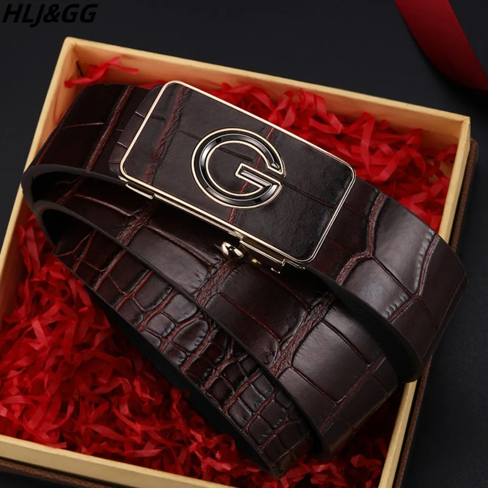 HLJ&GG Men's G Letter Crocodile Pattern High Quality Genuine Leather Belts Fashion Automatic Buckle Nonporous Belt For Men New