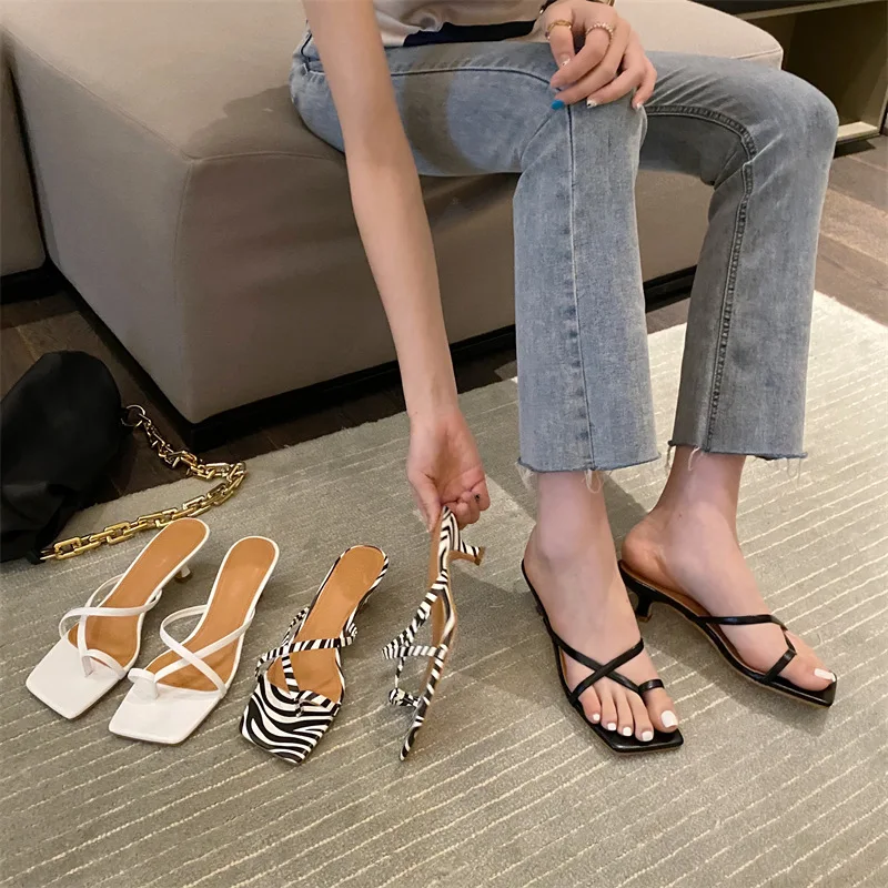 Thin Heels Square Toe Slippers Casual High-Heeled Shoes Lady Slides Slipers Women Low Luxury Summer 2023 Fabric Scandals PU Basi