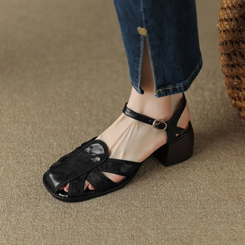 

Women Sandals Retro Lady Sheepskin Spring Shoes Vintage Gladiator Buckle Strap Roman Style Closed Toe Shoes Woman Summer Sandal