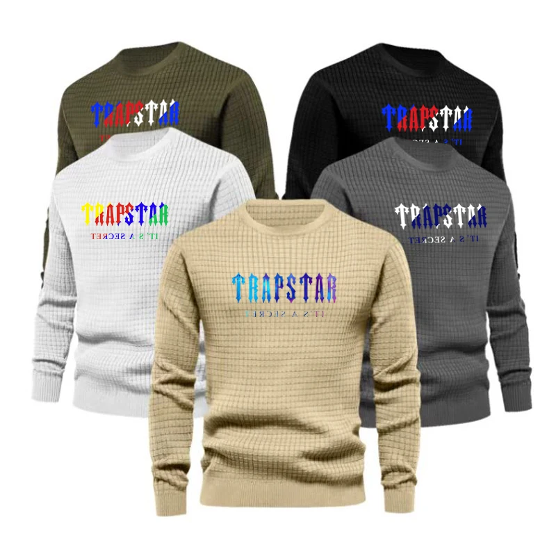 

Мужская модная повседневная маленькая квадратная хлопковая вафельная рубашка с круглым вырезом, мужской повседневный вязаный модный свит...