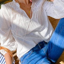 GypsyLady informal-Blusa de manga larga con volantes para mujer, camisa elegante de retales de encaje, Top calado, color blanco, Primavera