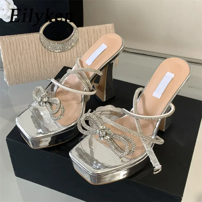 

Eilyken Runway Style Square Toe Sandals Woman Crystal Butterfly-knot Buckle Strap High Heels Designer Party Shoes Zapatos Mujer