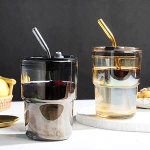 Custom Reusable Glass Cup with Lid and Straw Vintage Premium Glass Cups Creative Coffee Cups Straw Cups Car Portable