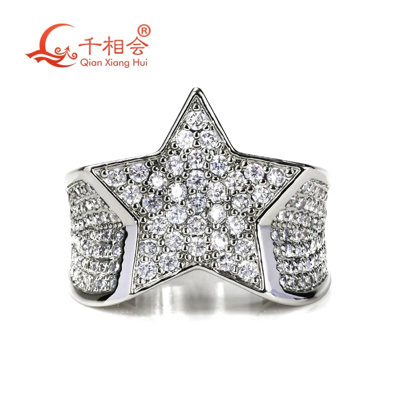 Big size Star Pentagram melee  Moissanite Ring Men women Sterling 925 Silver Round Diamonds Engagement  Male Wedding Jewelry