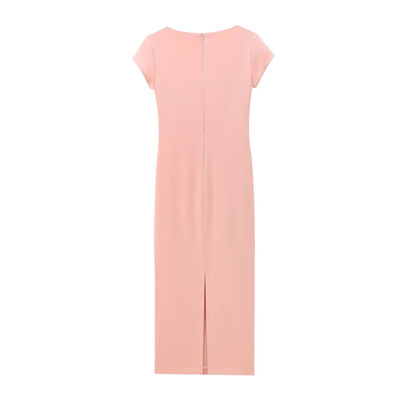 Новинка 2024 женское розовое платье-миди KEYANKETIAN с низким вырезом поясом и разрезом