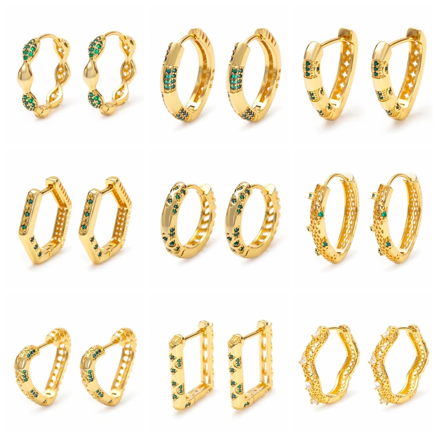 

Wholesale 9Pairs Different Style Green Zircon Luxury Big Gold Color Hoop Earrings for Women Female Party Jewelry Hoops Gifts