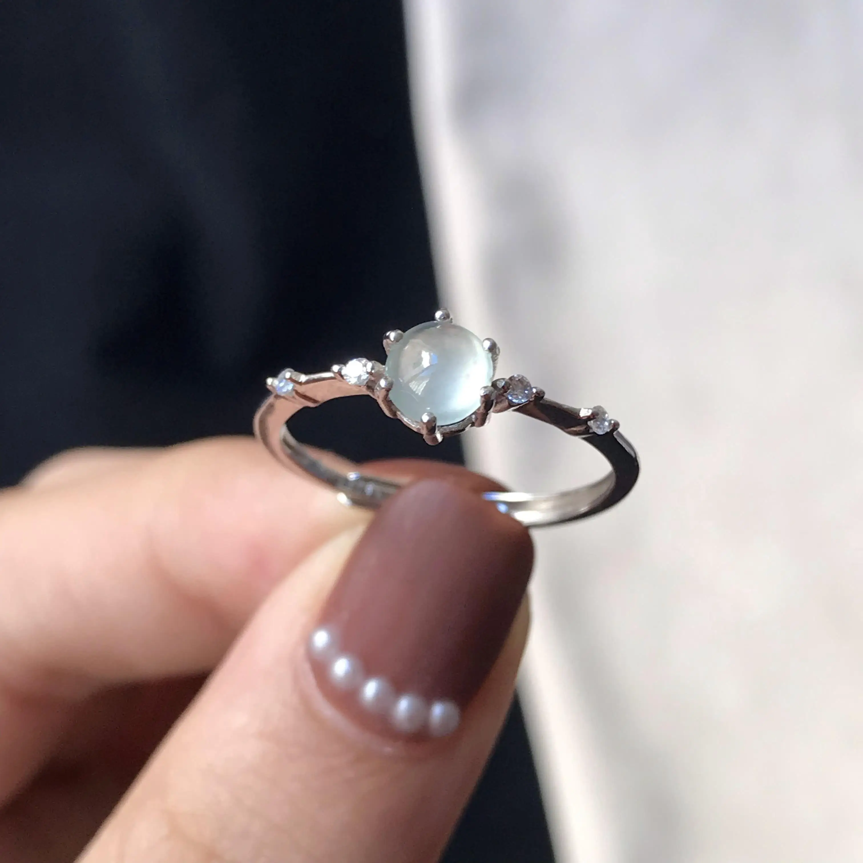 

Original natural chalcedony egg surface opening adjustable ring light luxury elegant diamond charm women's silver jewelry