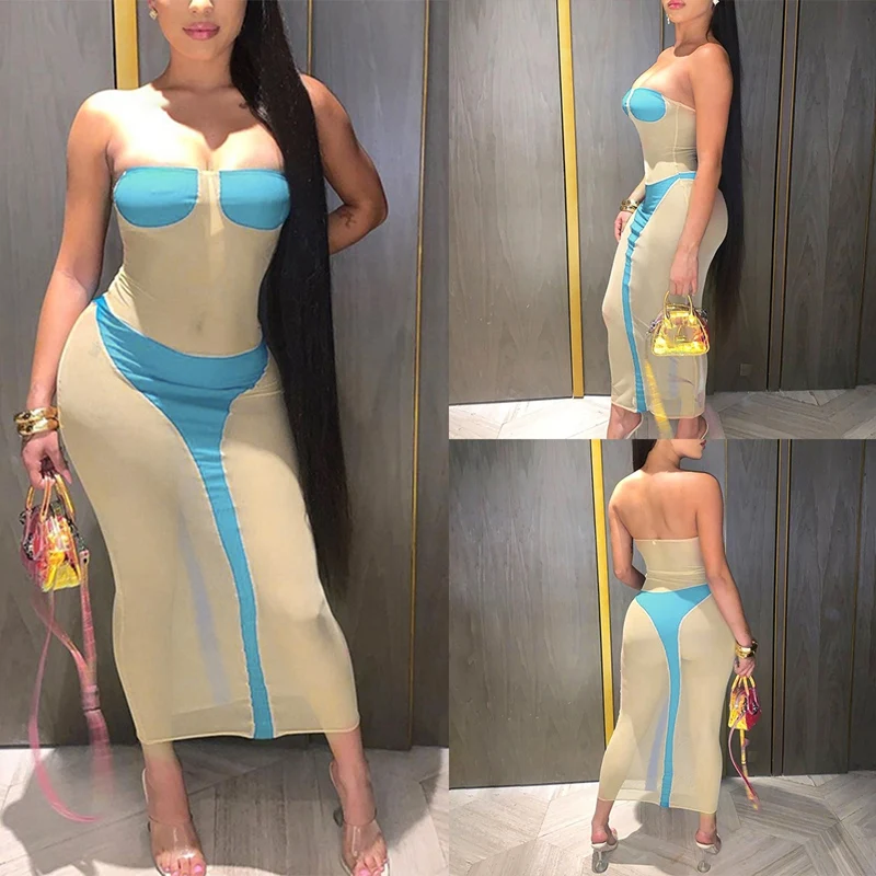 

ASDS-Off Shoulder Sexy Women Contrast Dress Sleeveless Straight Long Bodycon Dress Backless Casual Summer Party Dress