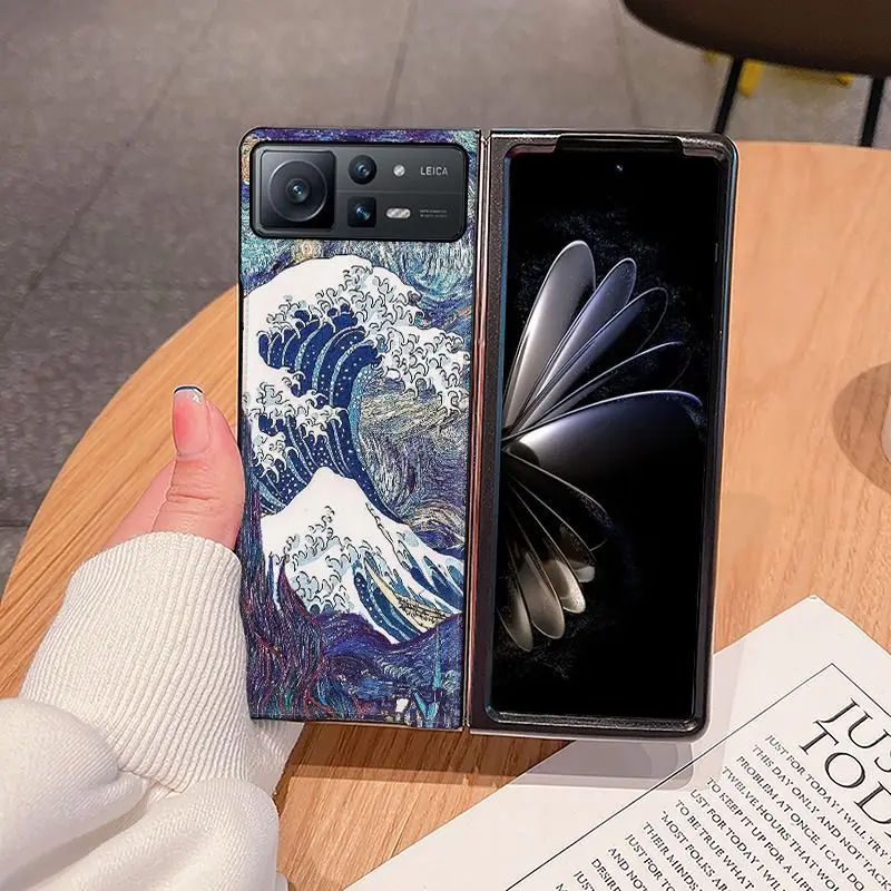 

for Mi Mix Fold 2 Case for Xiao-Mi Mix Fold2 5G Case Illustration of Tsunami Leather