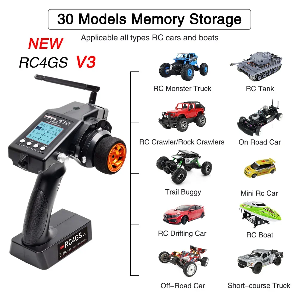 Фото Радиопередатчик RadioLink RC4GS V3 2.4G 5 каналов с гироскопическим приемником R6FG, дальность 400 м, для радиоуправляемых машин, лодок, краулеров, дрифтовых моделей №5