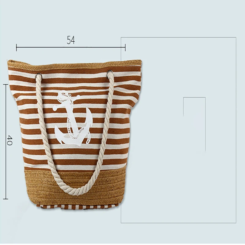 Women's Shoulder Canvas Bag Large-capacity Creative Horizontal Striped Printing Fringed Zipper with Rope Strap Handle Handbag