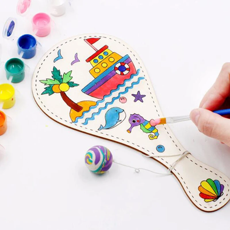 

Painting DIY Wooden Toy Racket Graffiti Toys For Children DIY Manual Painting Pat Ball Educational Handmade Game Arts Crafts